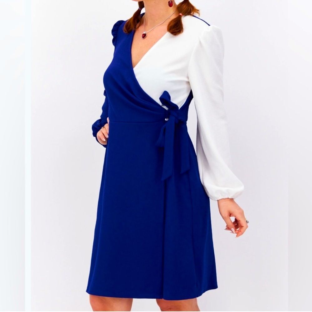 Kasper Colorblock Faux Wrap Dress Women’s Plus Size 2X Blue White NWT